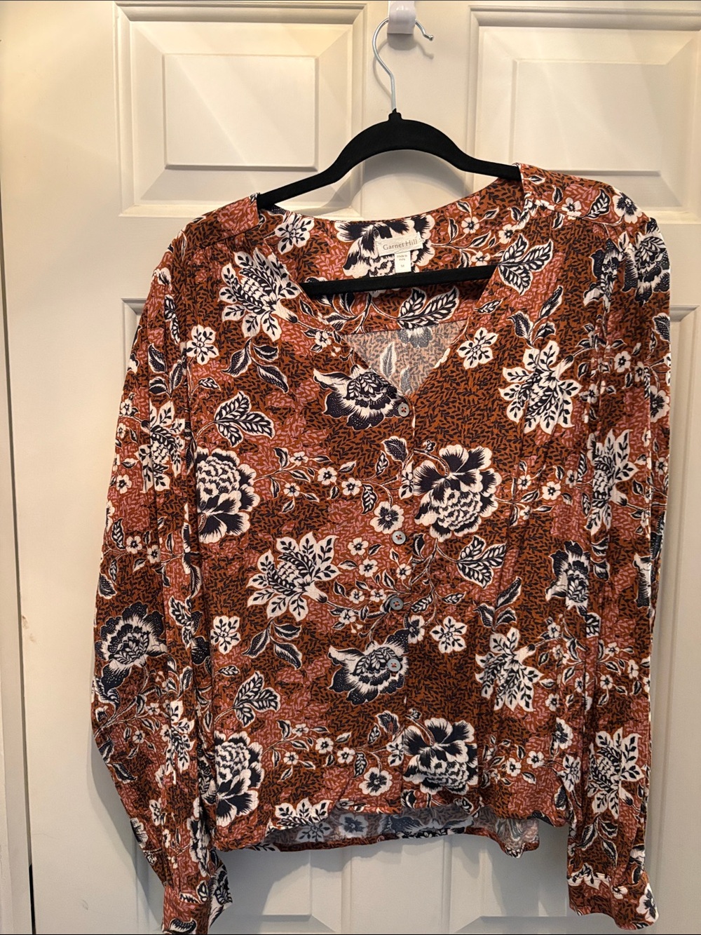 Garnet Hill Rust Floral V-Neck Long Sleeve Top